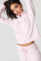 Embroidered Velour Zip-Up Sweater