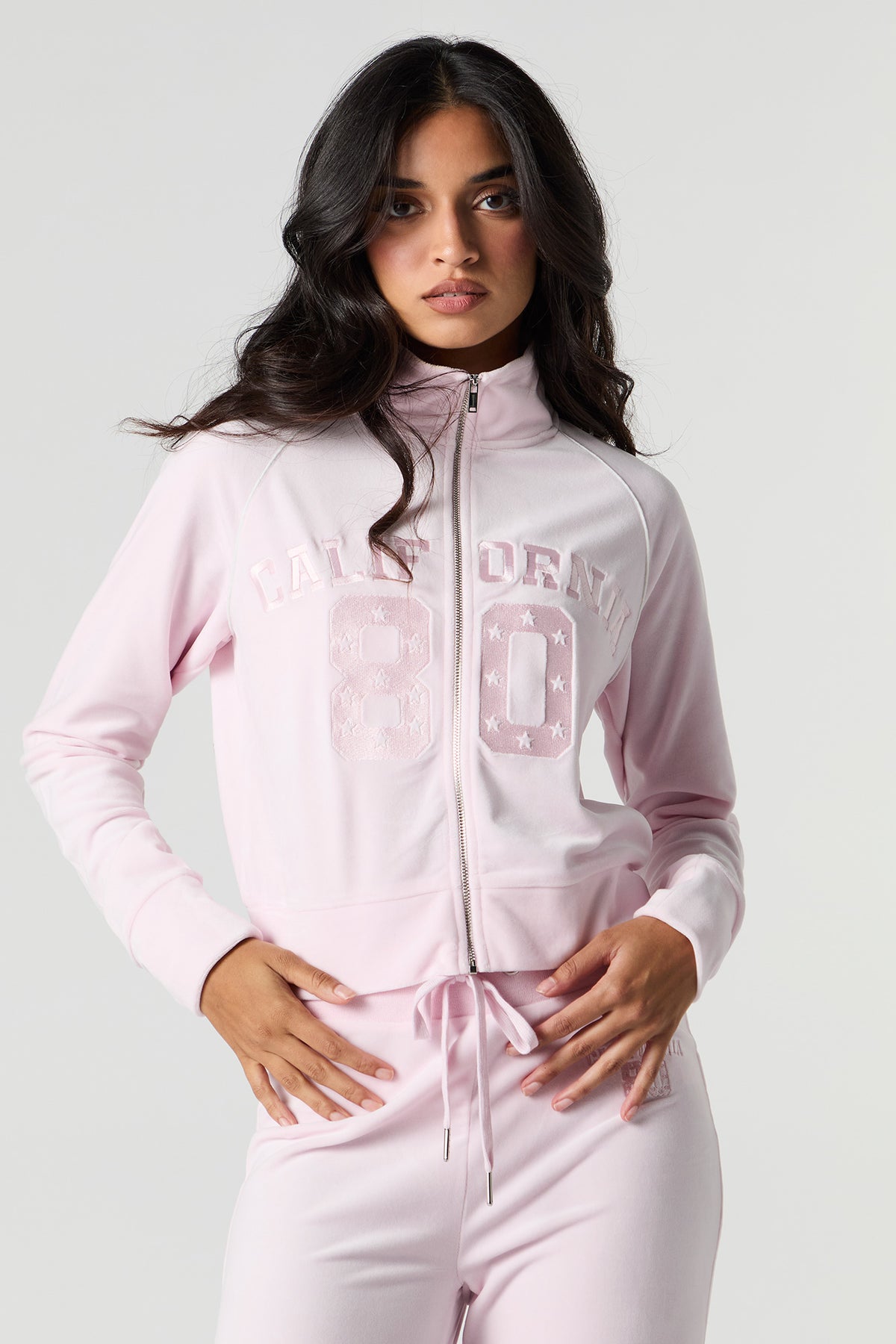 Alt View 4. Embroidered Velour Zip-Up Sweater - Pink