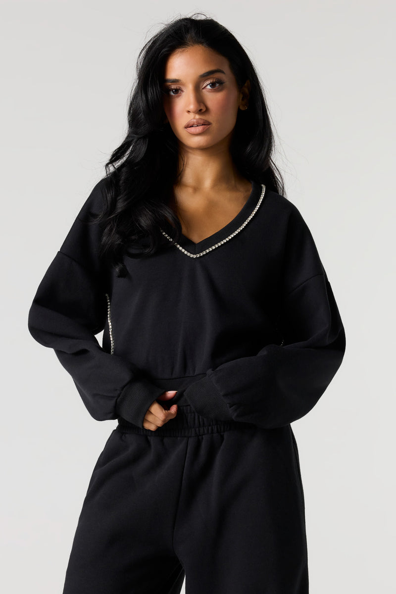Rhinestone V-Neckline Fleece Cropped Sweatshirt