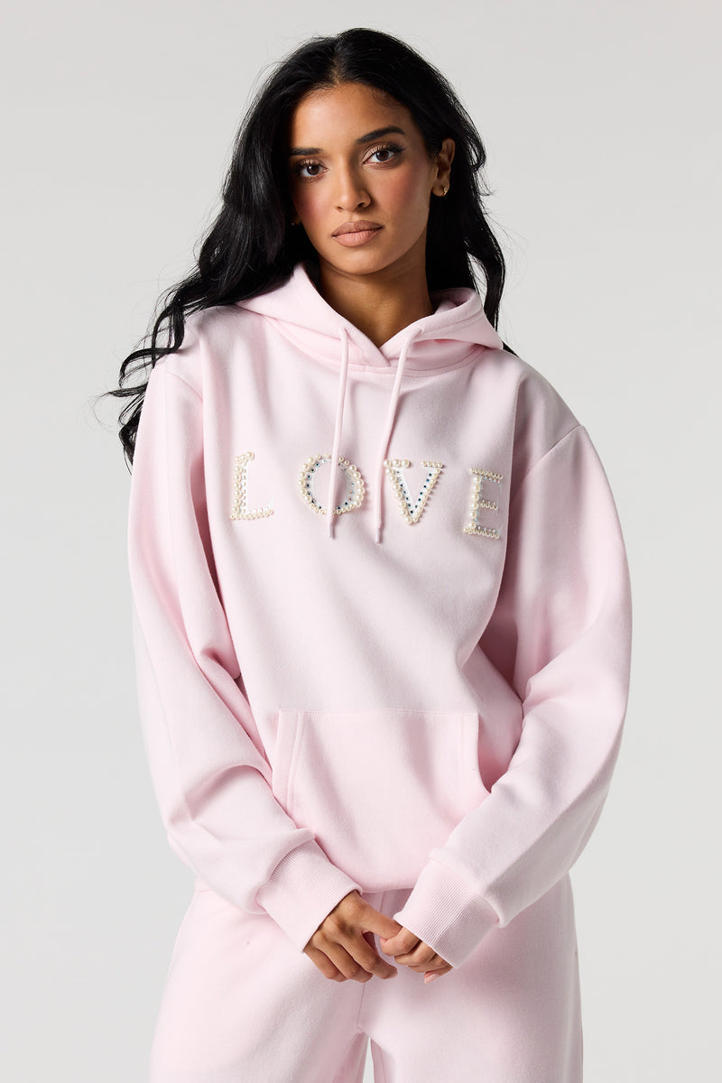Rhinestone Faux Pearl Fleece Hoodie