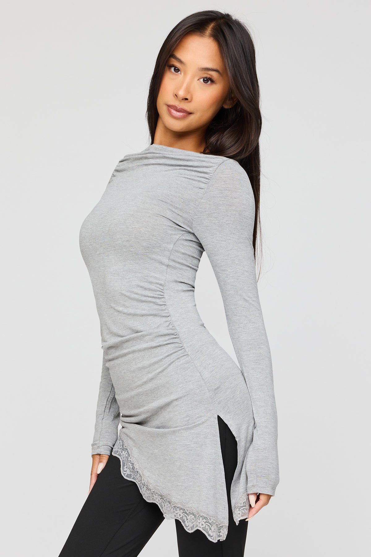 Asymmetrical Lace Hem Long Sleeve Top - Heather Grey