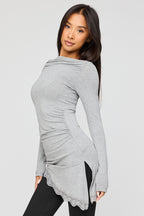 Asymmetrical Lace Hem Long Sleeve Top