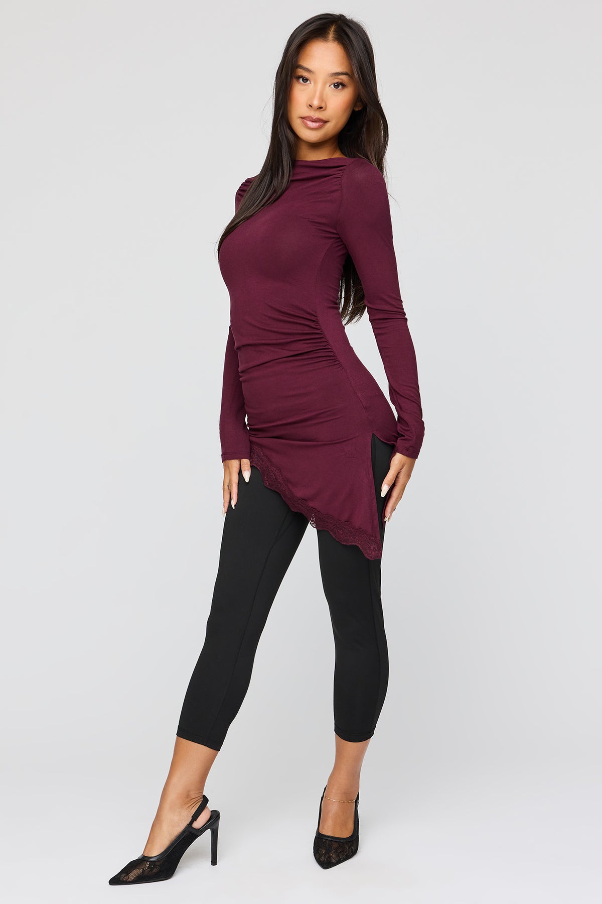 Alt View 3. Asymmetrical Lace Hem Long Sleeve Top - Wine