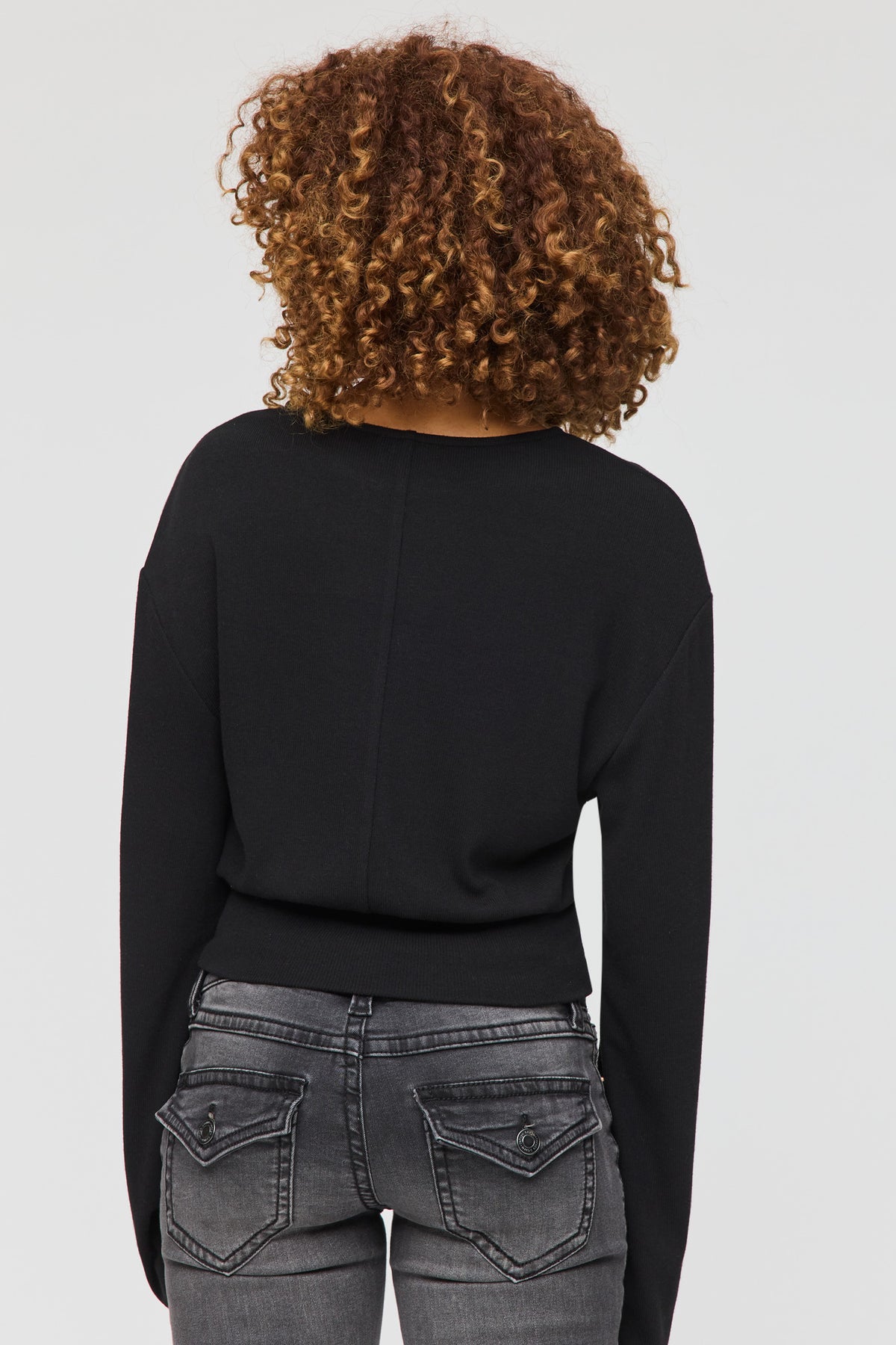 Alt View 2. Knit Cinched Hem Long Sleeve Top - Black