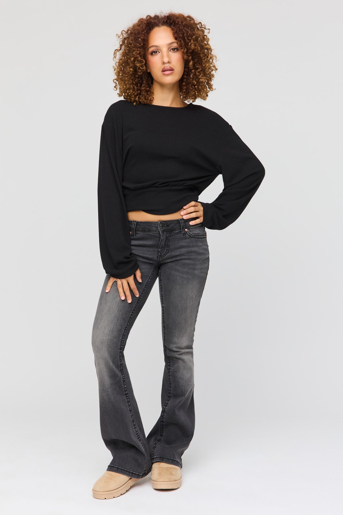 Alt View 3. Knit Cinched Hem Long Sleeve Top - Black
