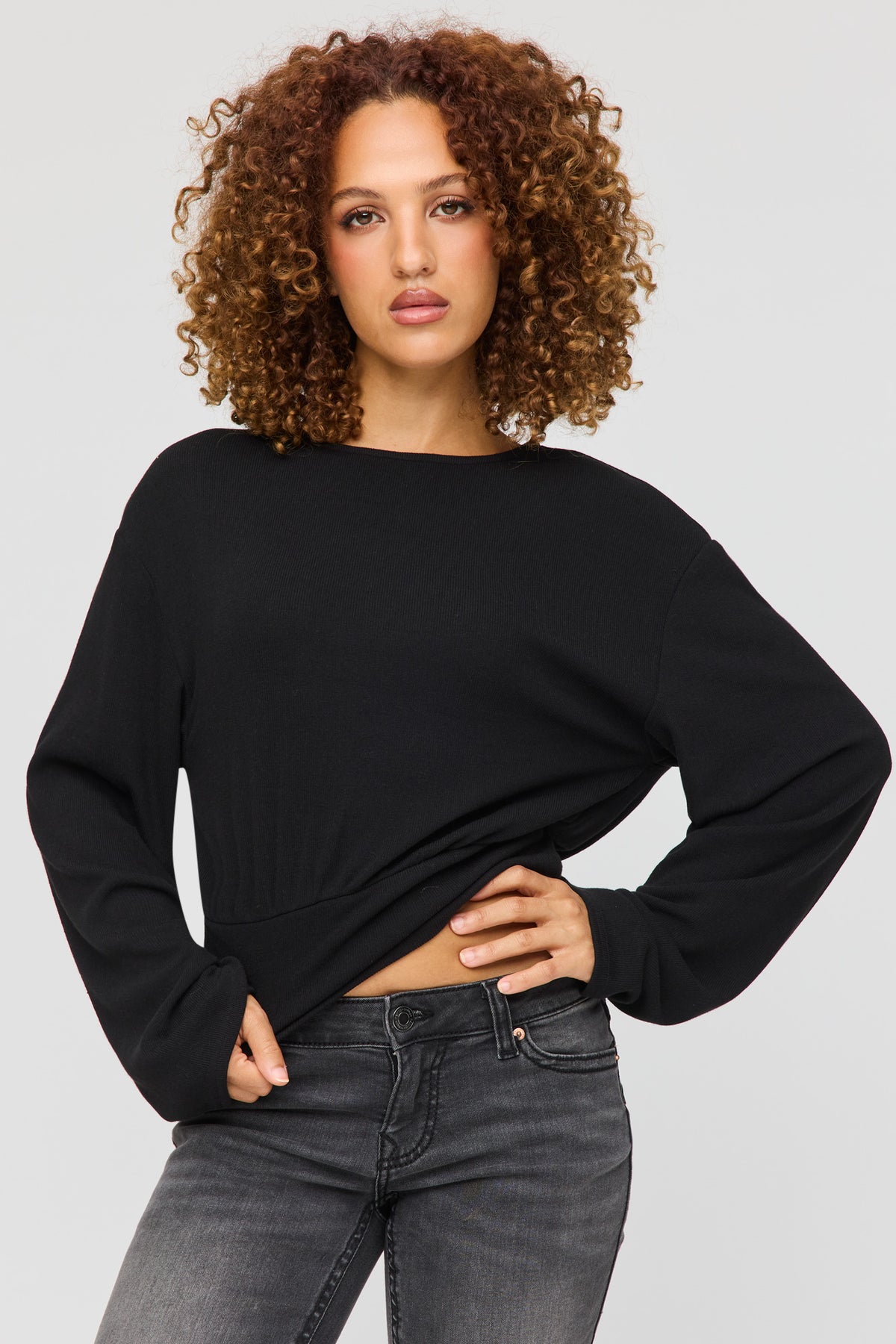 Knit Cinched Hem Long Sleeve Top - Black