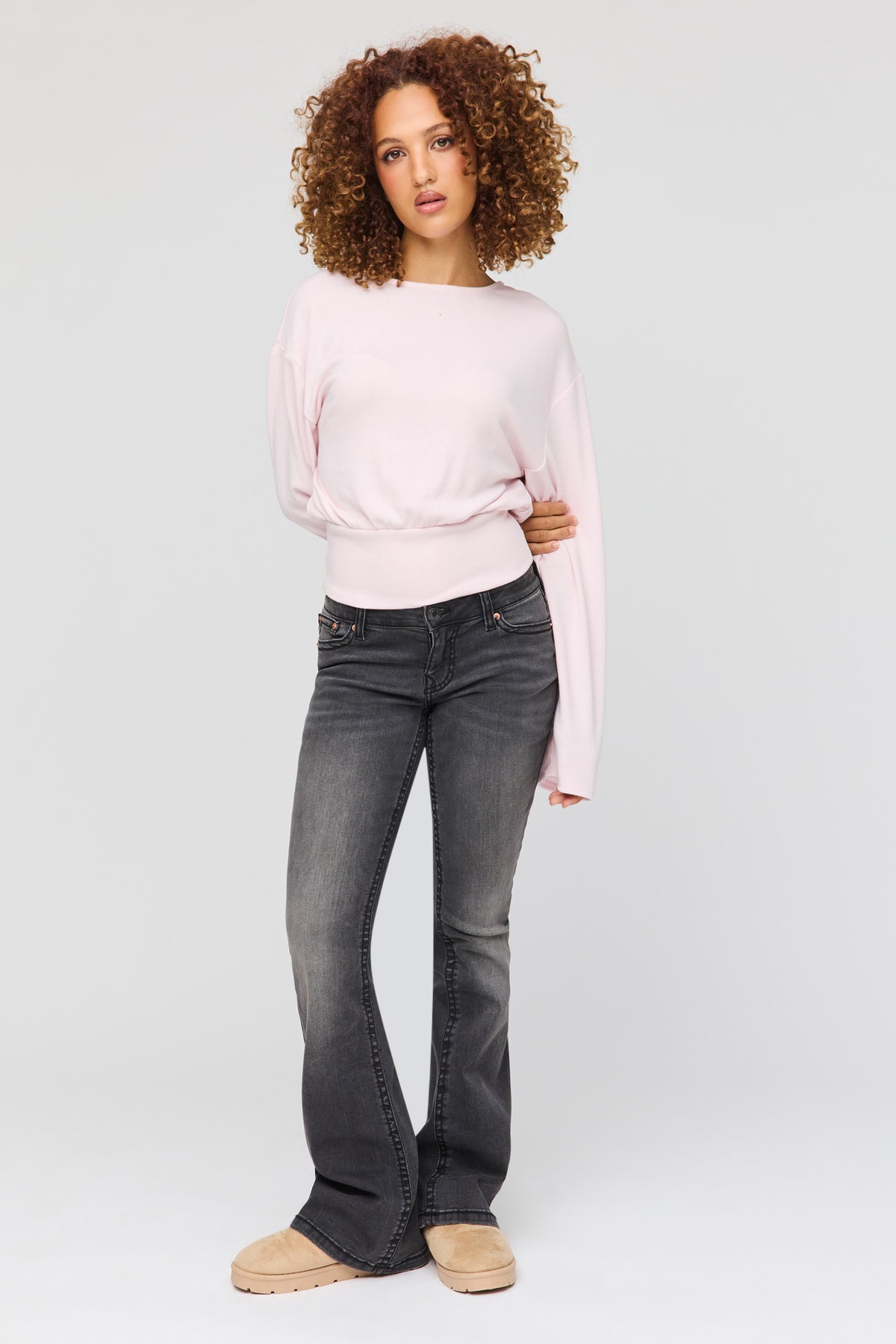 Alt View 3. Knit Cinched Hem Long Sleeve Top - Pink