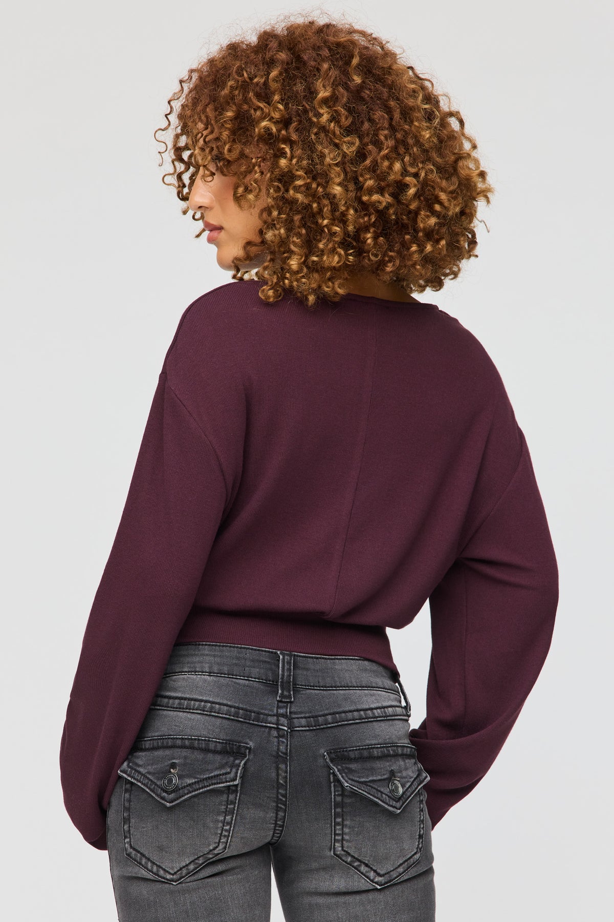 Alt View 2. Knit Cinched Hem Long Sleeve Top - Wine