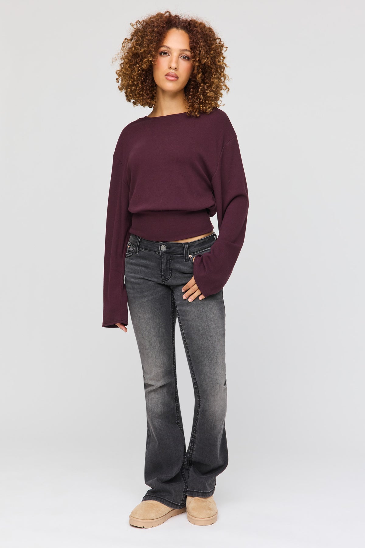 Alt View 3. Knit Cinched Hem Long Sleeve Top - Wine