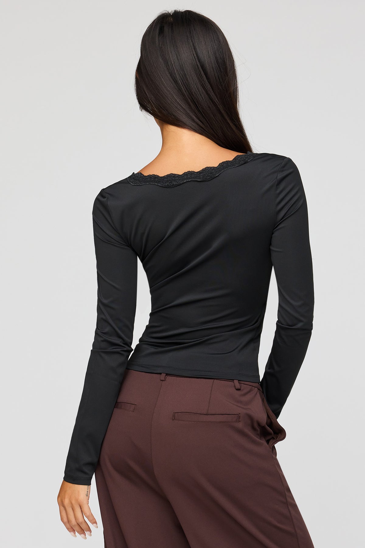 Alt View 2. Surplice Lace Trim Long Sleeve Top - Black