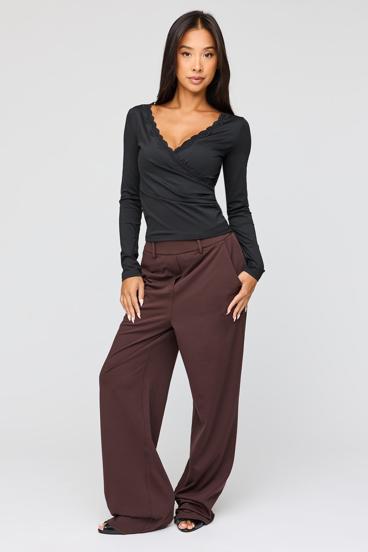 Alt View 3. Surplice Lace Trim Long Sleeve Top - Black