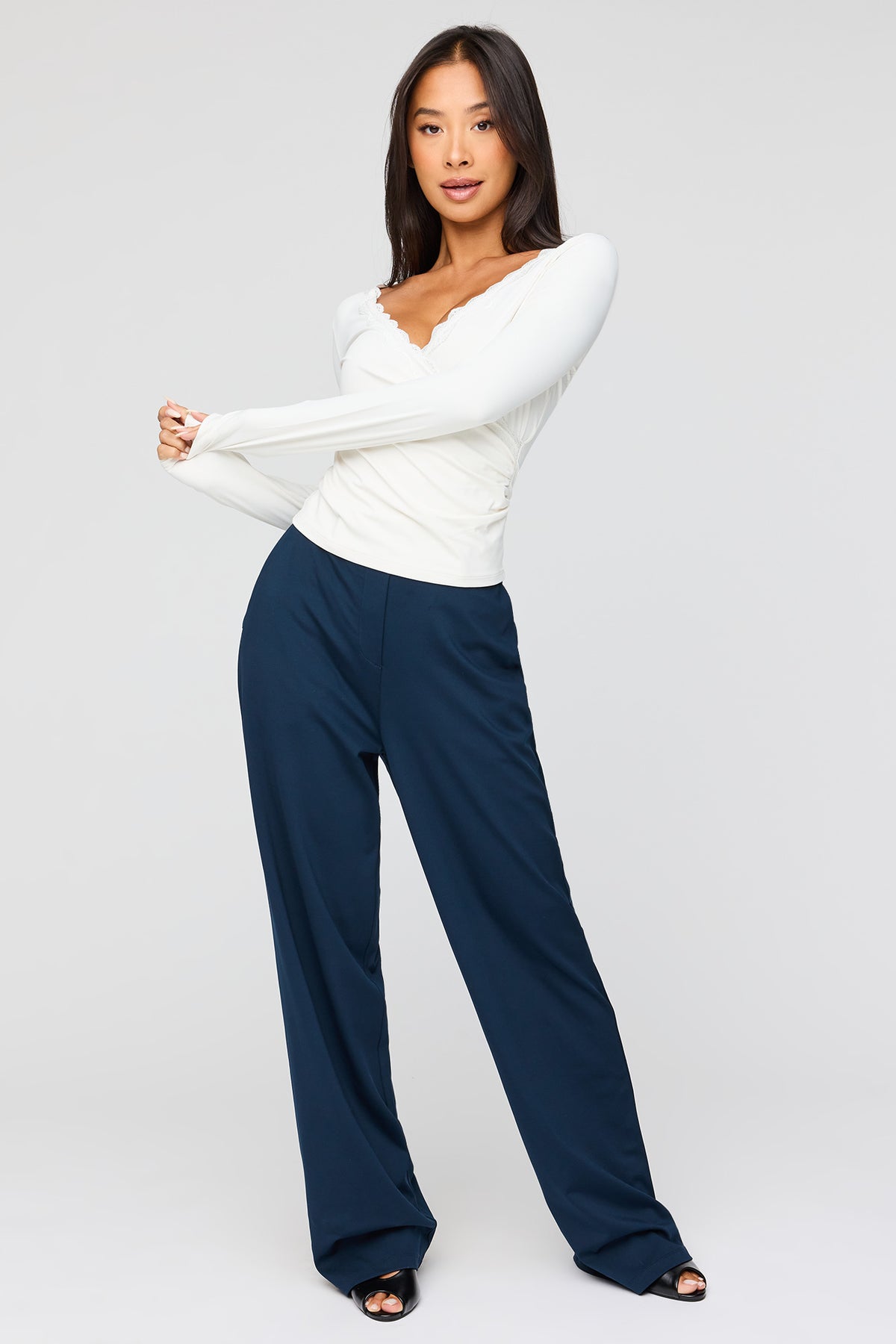 Alt View 3. Surplice Lace Trim Long Sleeve Top - Ivory