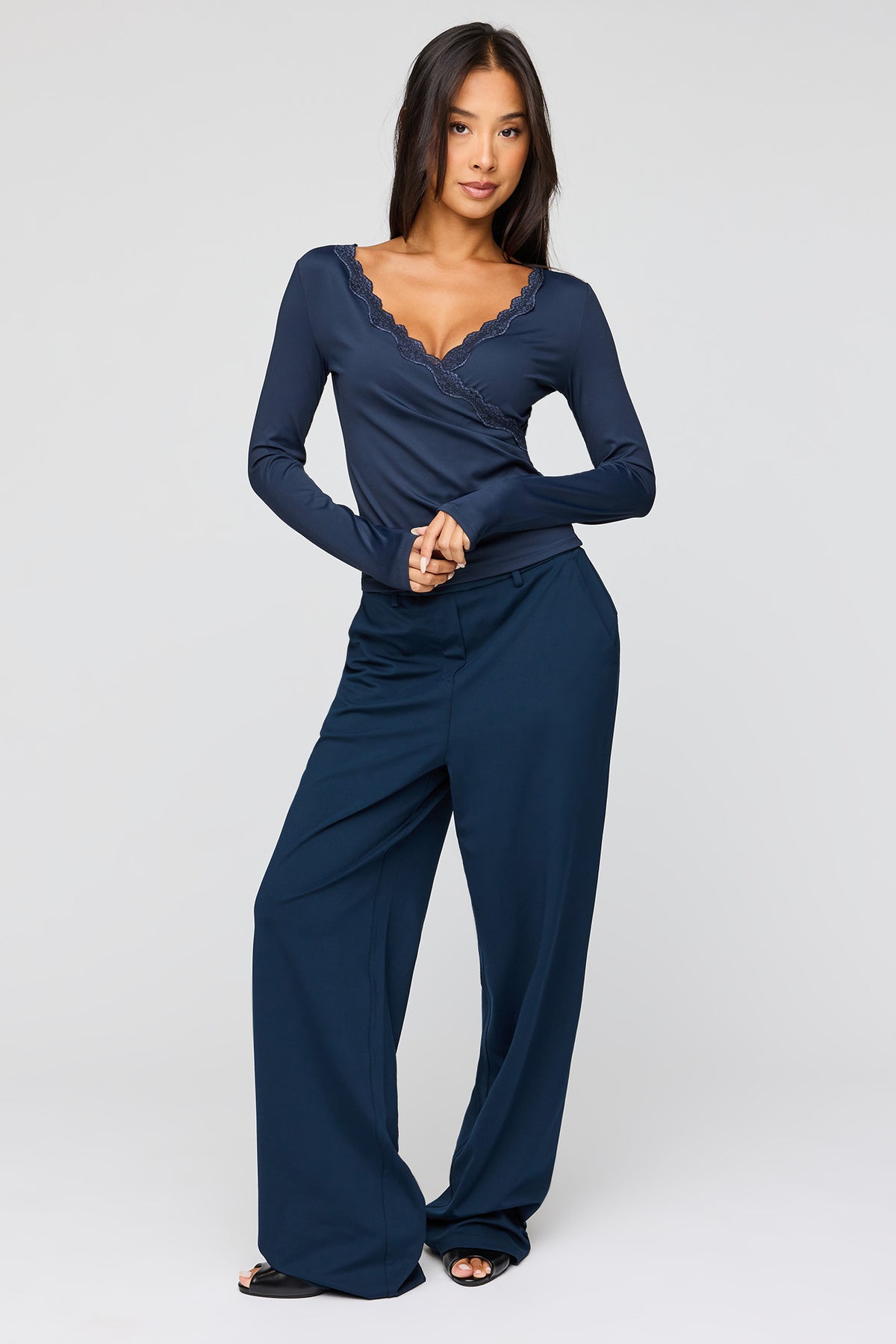 Alt View 3. Surplice Lace Trim Long Sleeve Top - Navy
