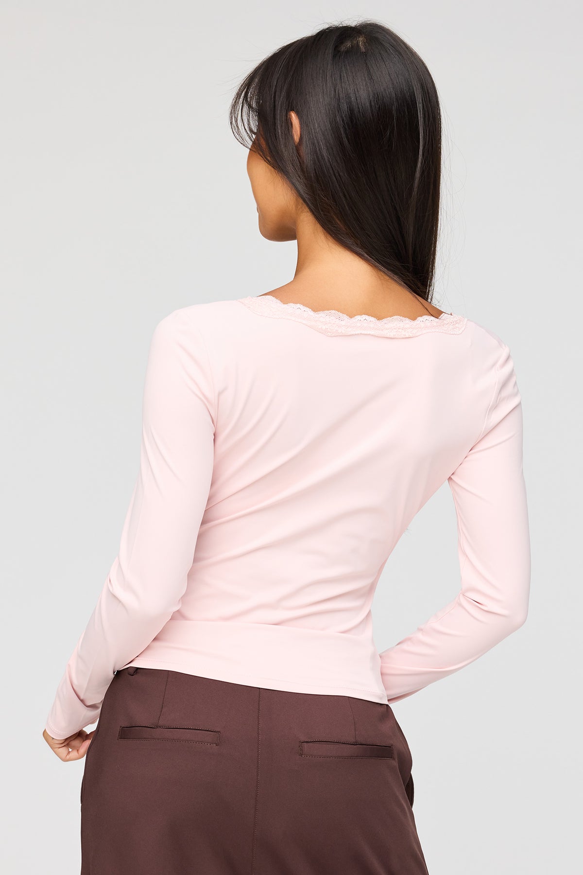 Alt View 2. Surplice Lace Trim Long Sleeve Top - Pink
