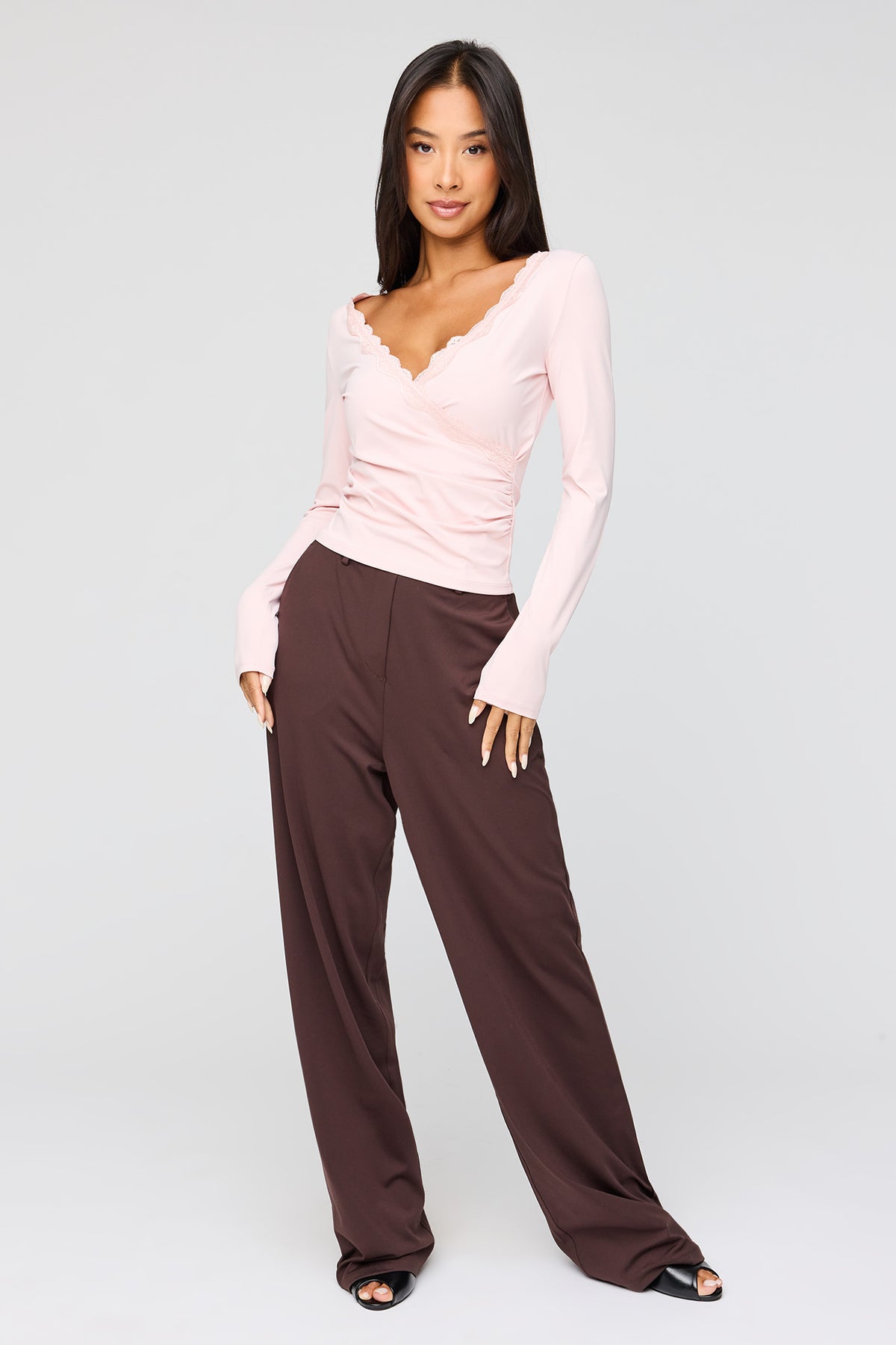 Alt View 3. Surplice Lace Trim Long Sleeve Top - Pink