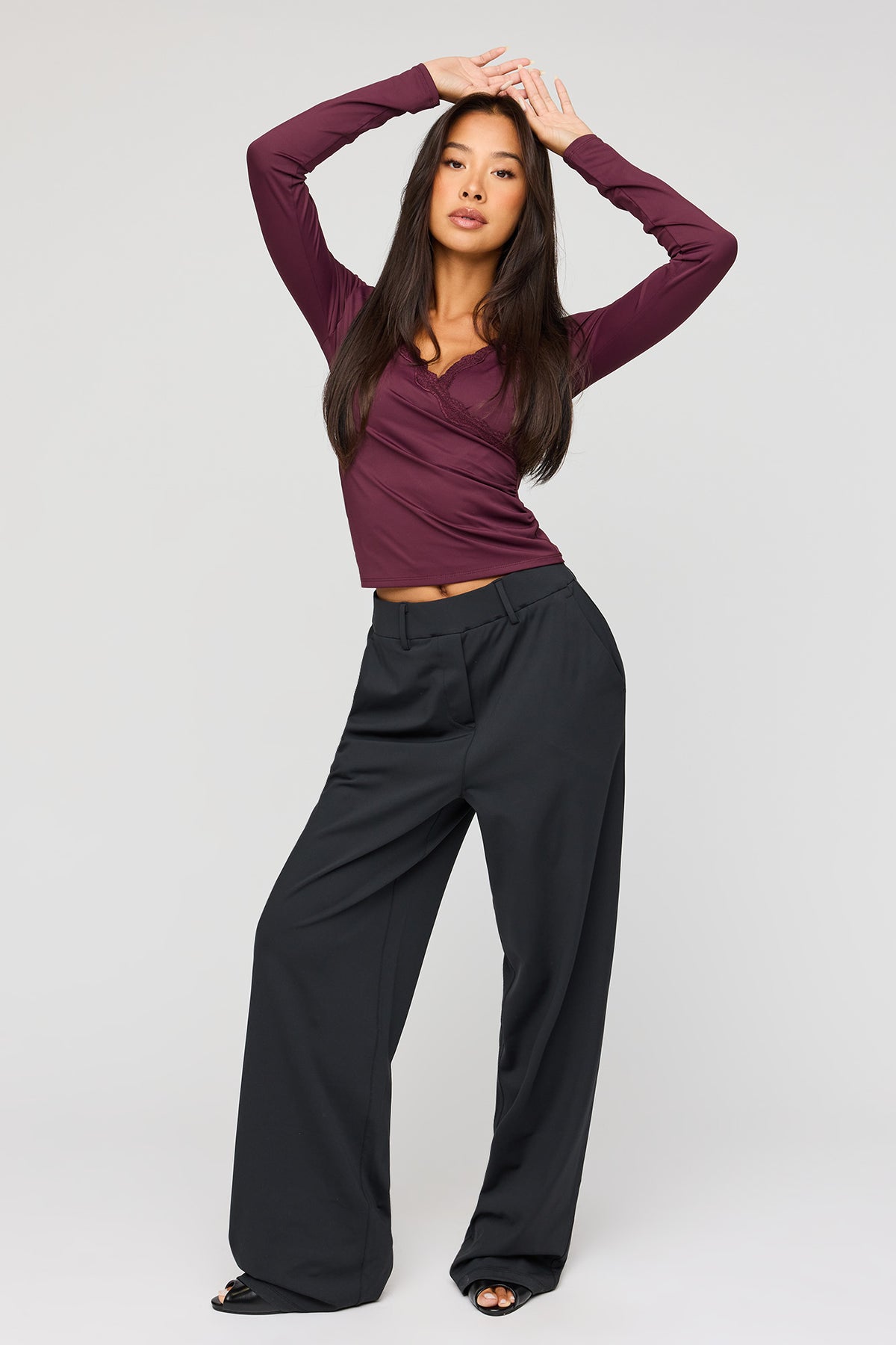 Alt View 3. Surplice Lace Trim Long Sleeve Top - Wine