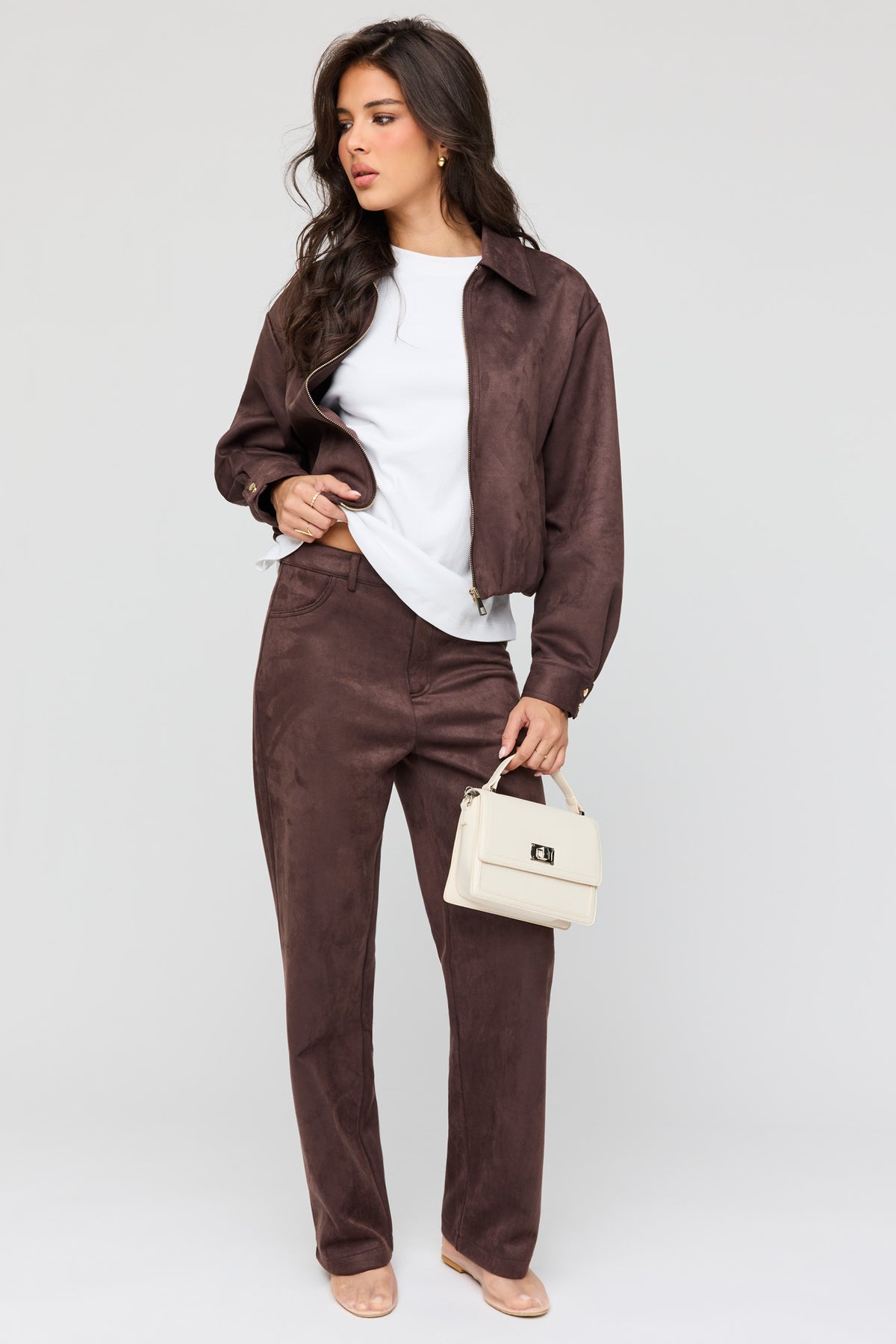 Faux Suede High Rise Straight Leg Pant - Brown