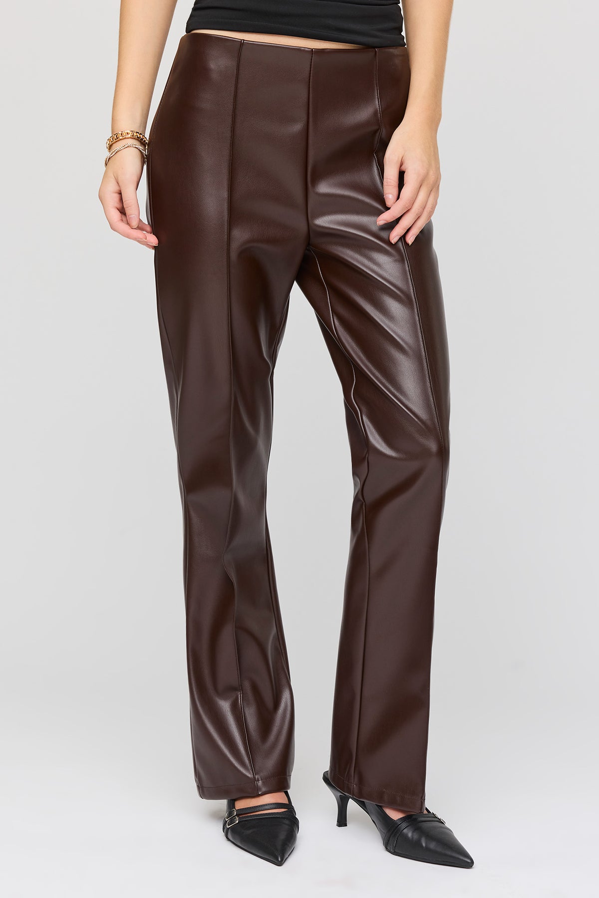 Alt View 2. Faux Leather High Rise Flare Pant - Brown