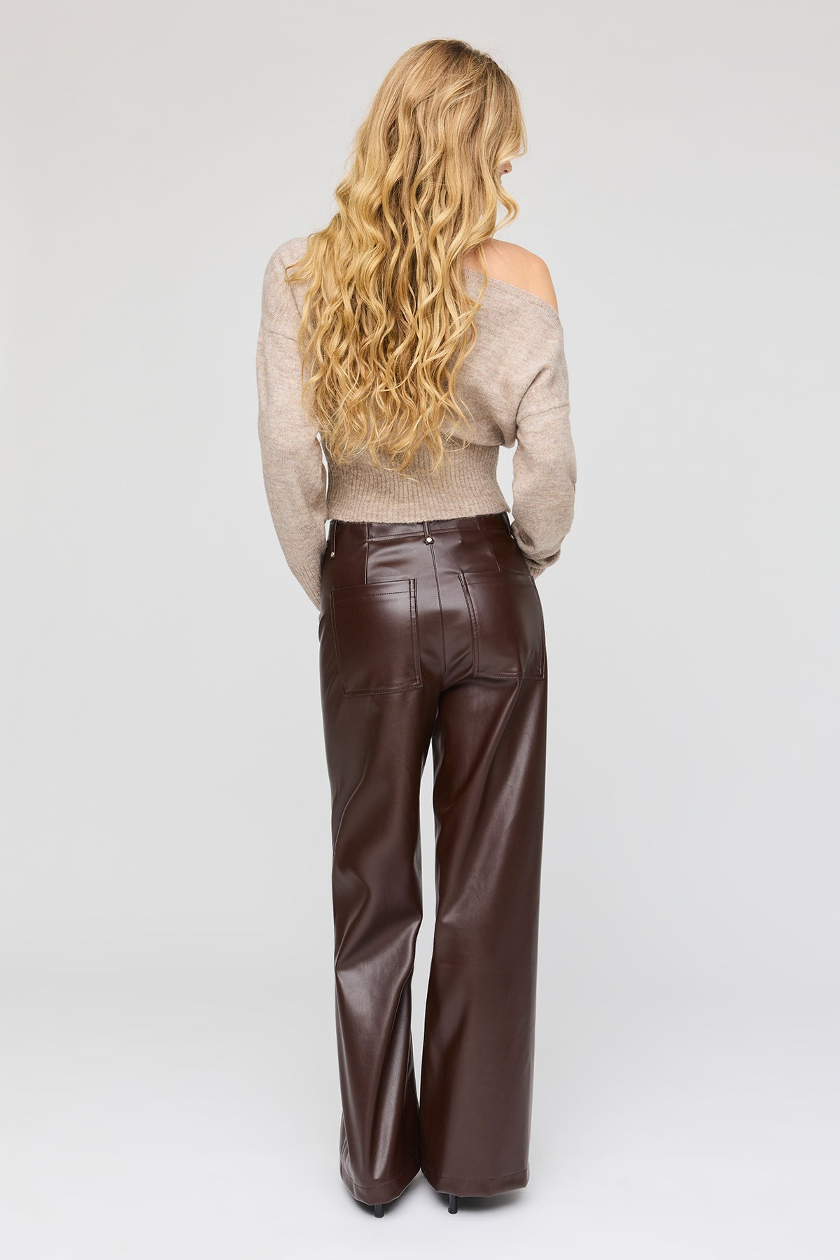 Alt View 3. Faux Leather Wide Leg Pant - Brown