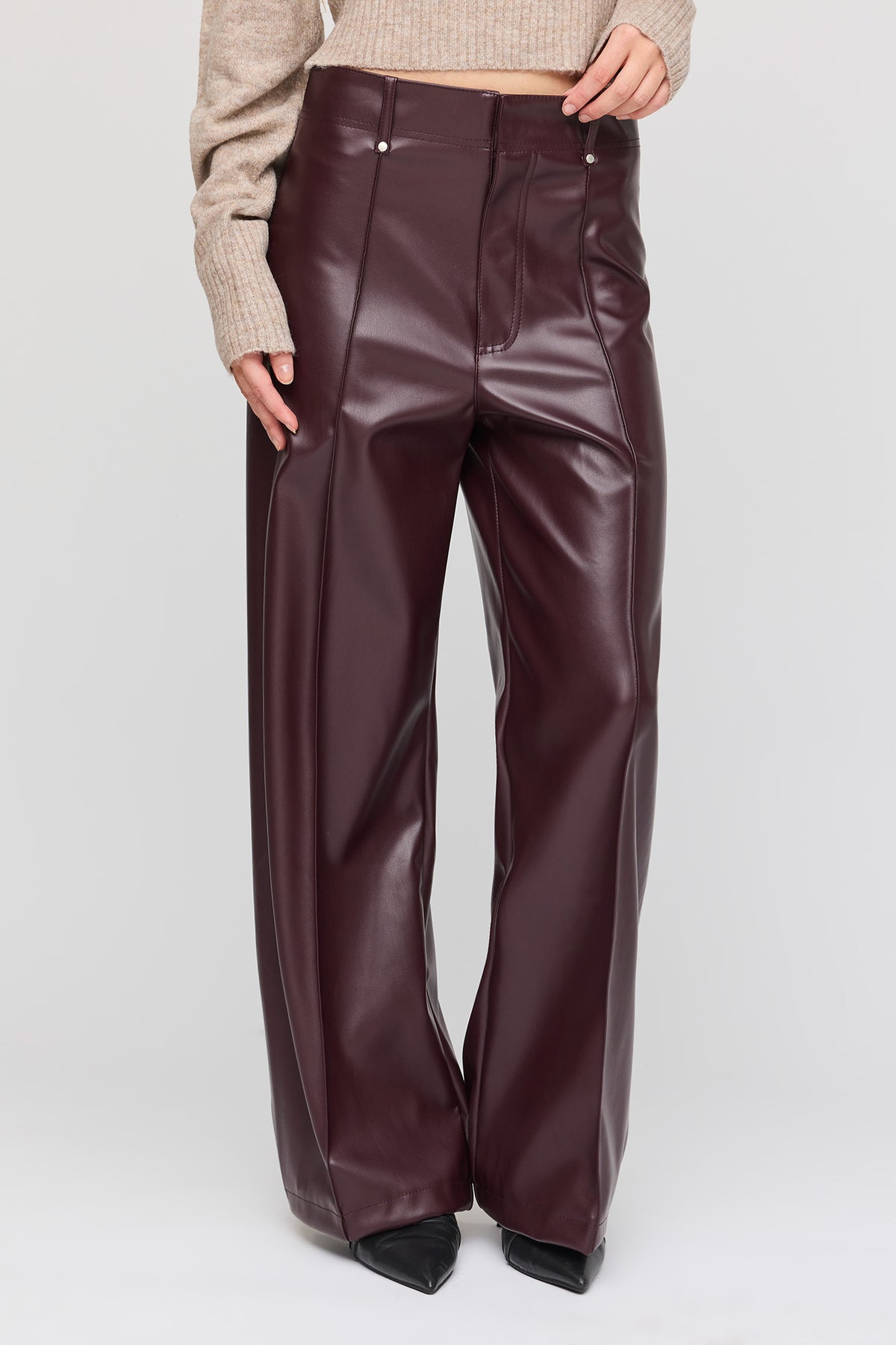 Alt View 2. Faux Leather Wide Leg Pant - Burgundy