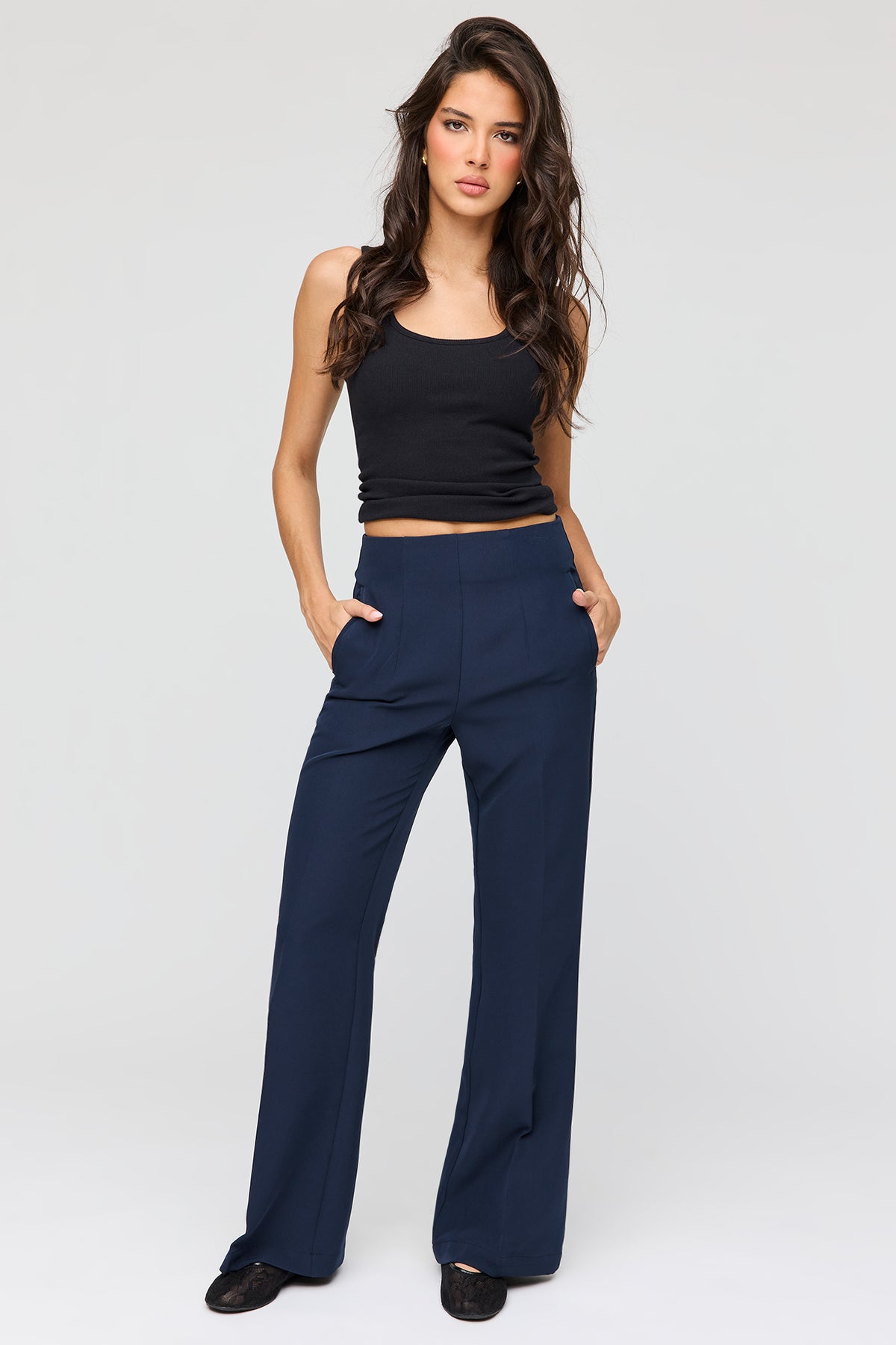 High Rise Back Zip Flare Dress Pant - Navy
