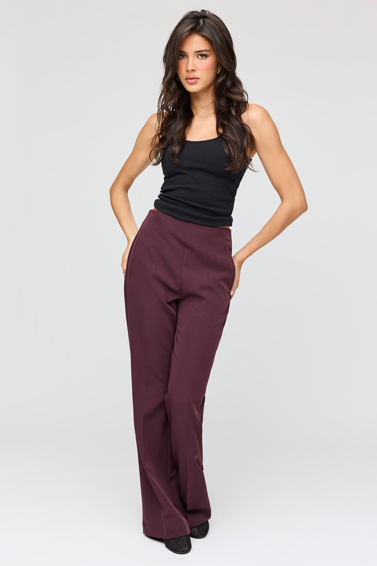 High Rise Back Zip Flare Dress Pant - Burgundy