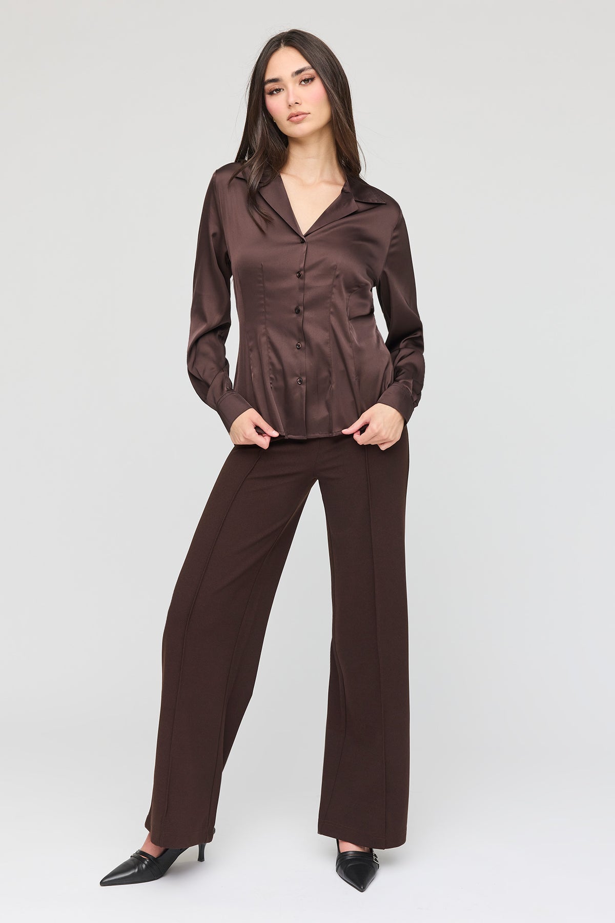 High Rise Wide Leg Dress Pant - Brown