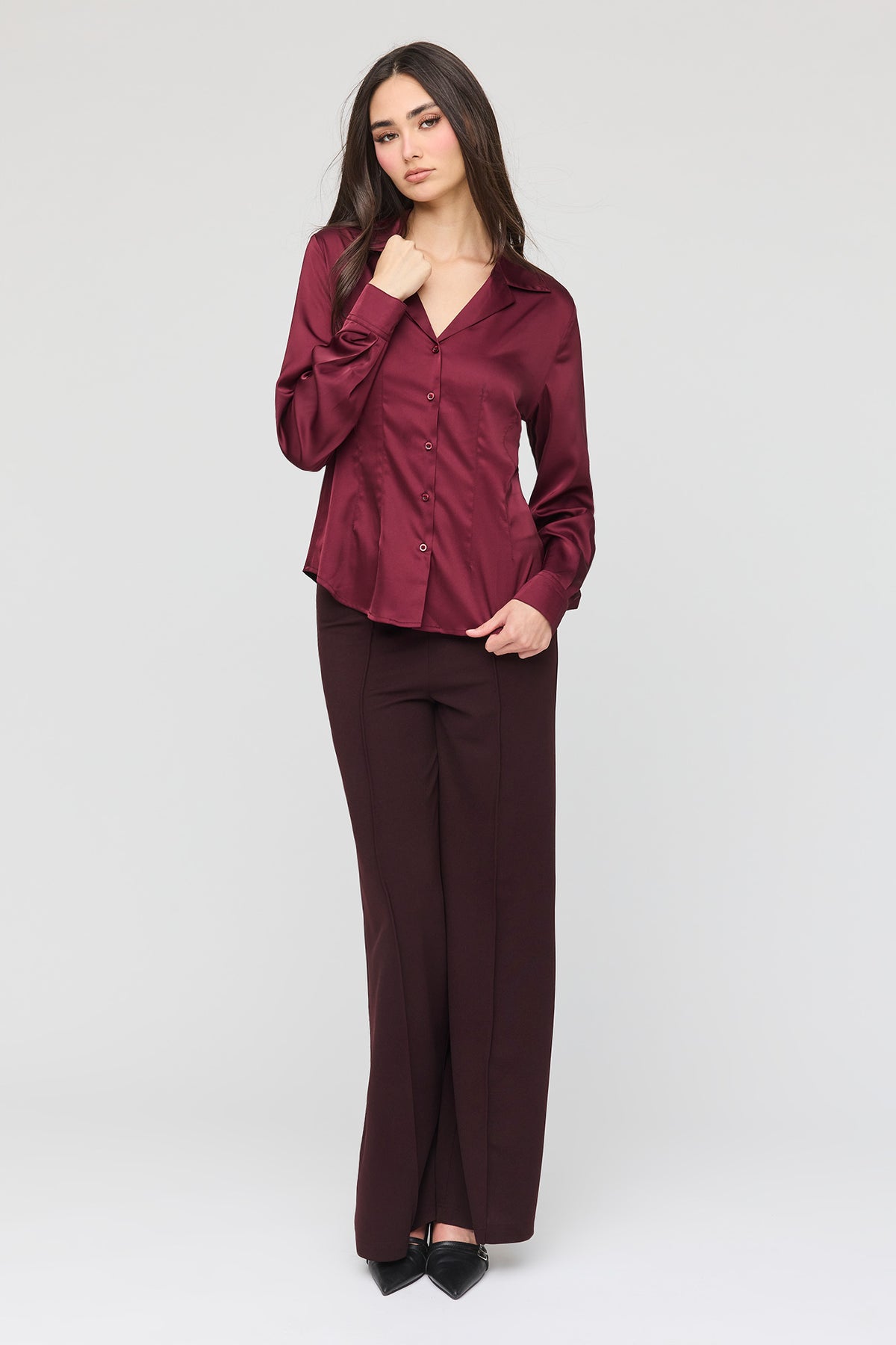 High Rise Wide Leg Dress Pant - Burgundy