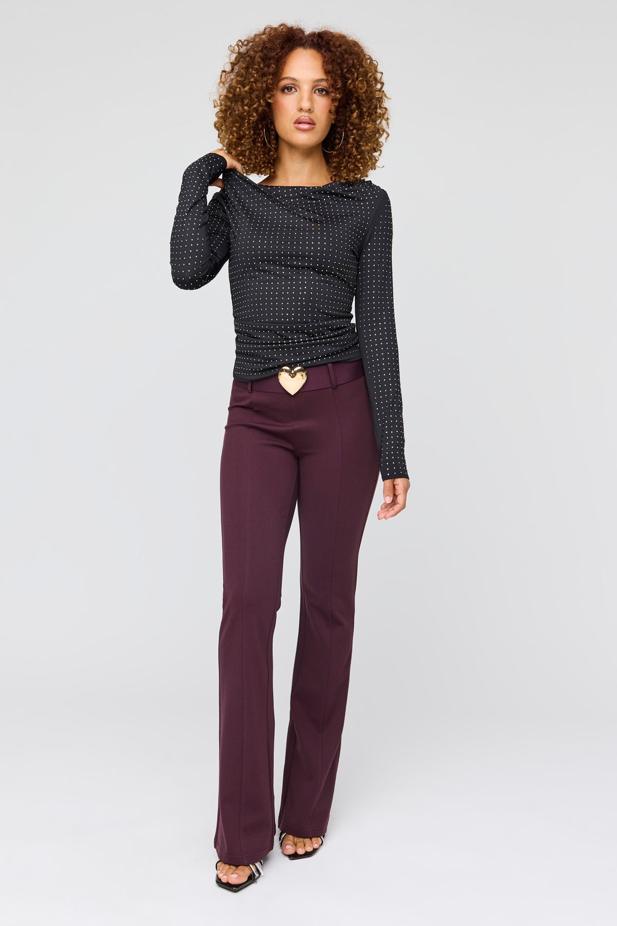 Belted Flare Dress Pant - Burgundy