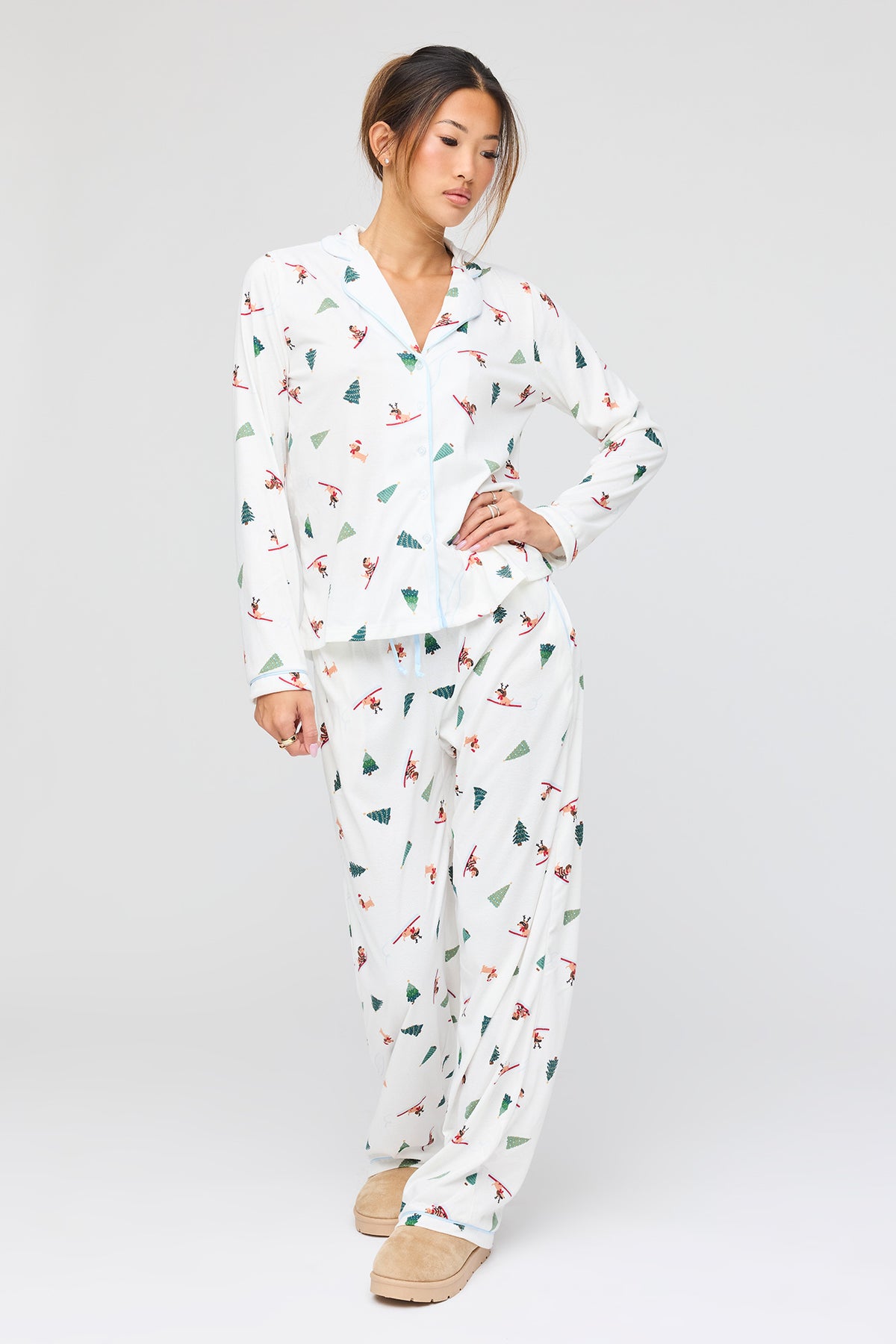 Flannel Button-Up Top & Pant Pajama Set - Baby Blue