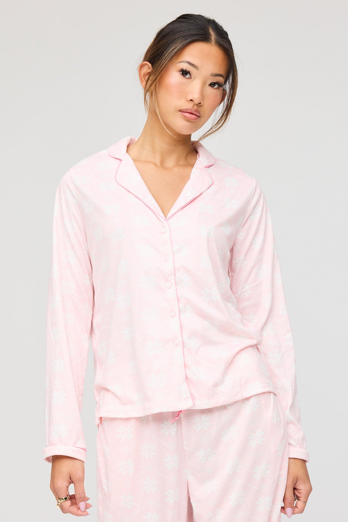 Alt View 2. Flannel Button-Up Top & Pant Pajama Set - Light Pink