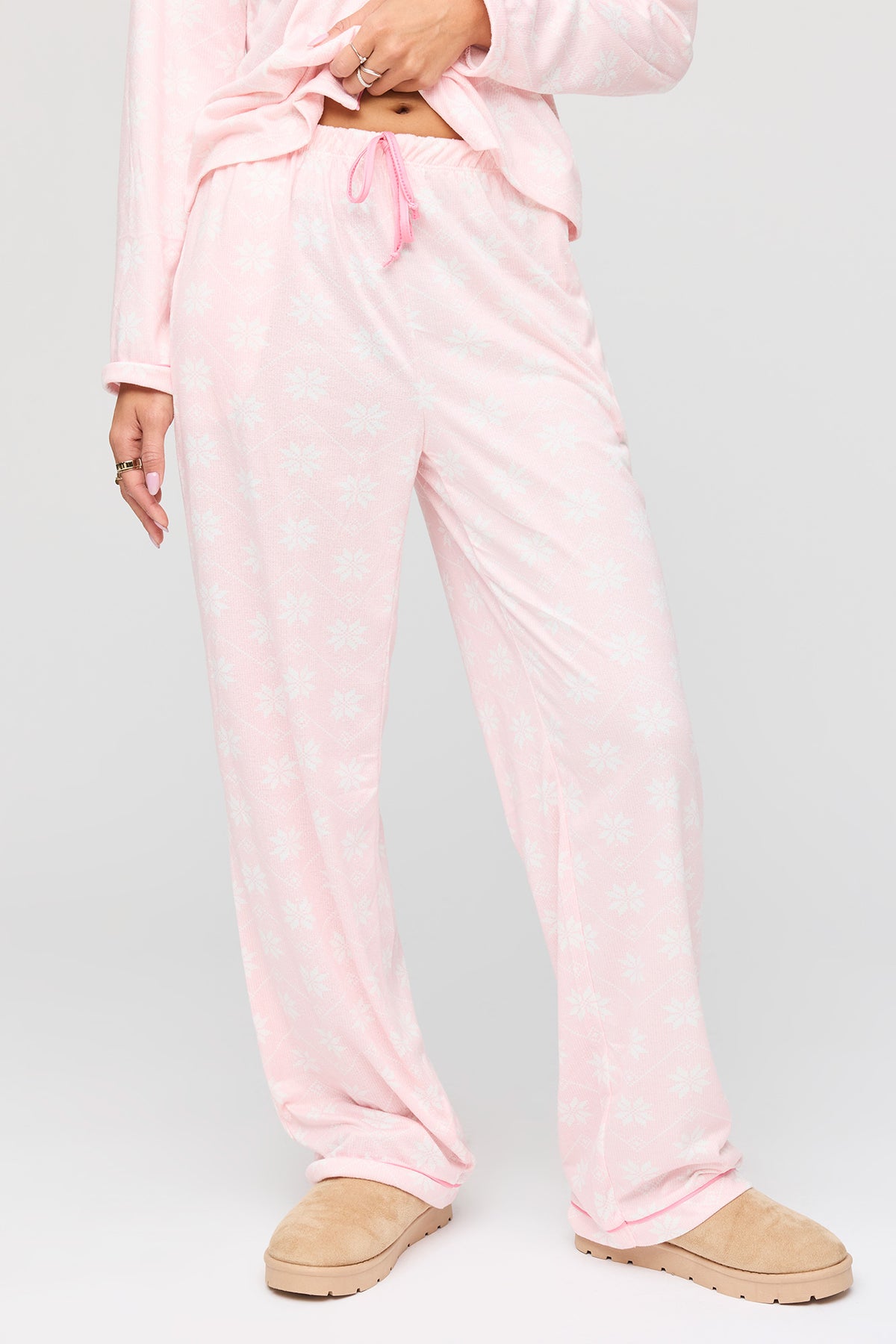 Alt View 3. Flannel Button-Up Top & Pant Pajama Set - Light Pink