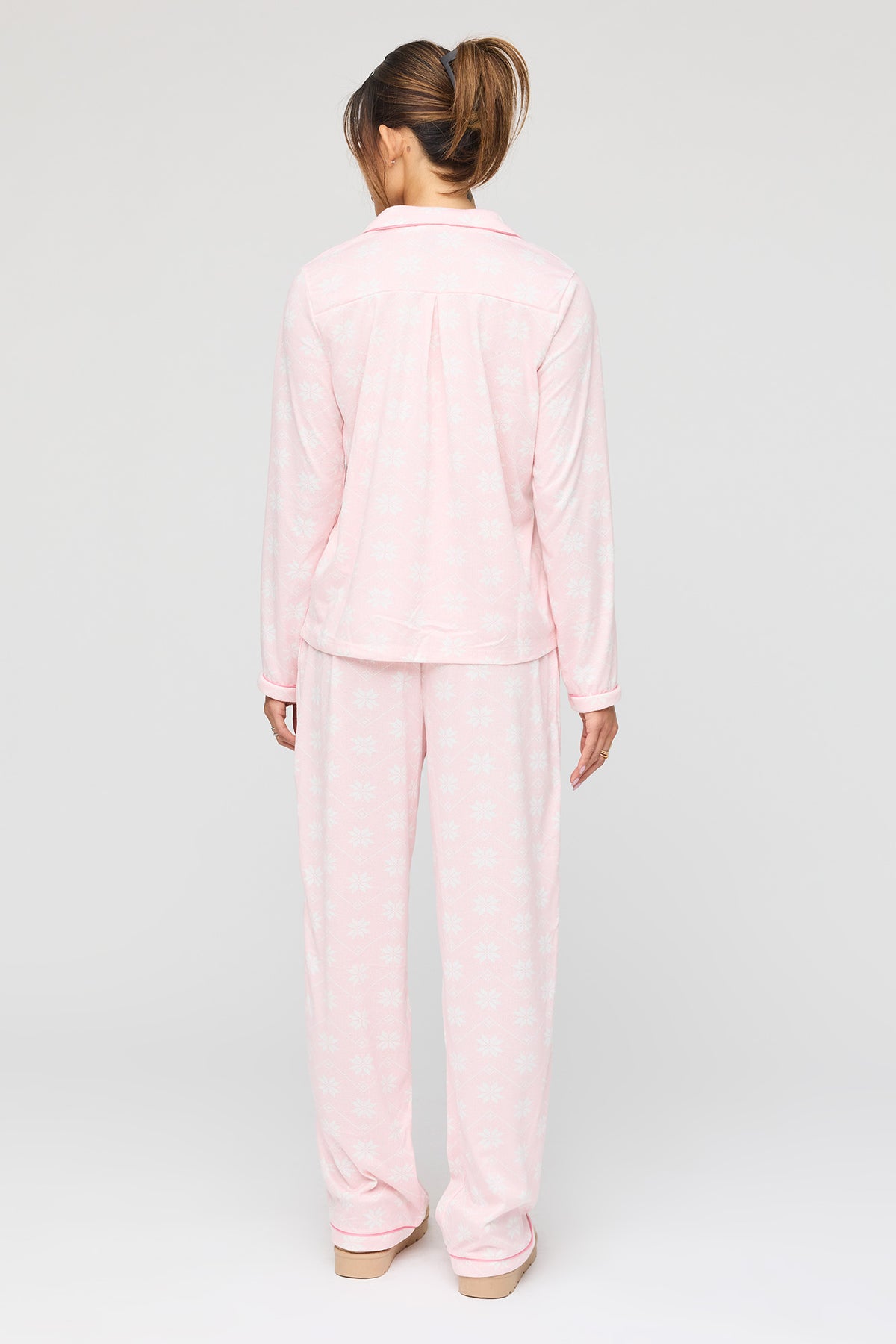 Alt View 4. Flannel Button-Up Top & Pant Pajama Set - Light Pink