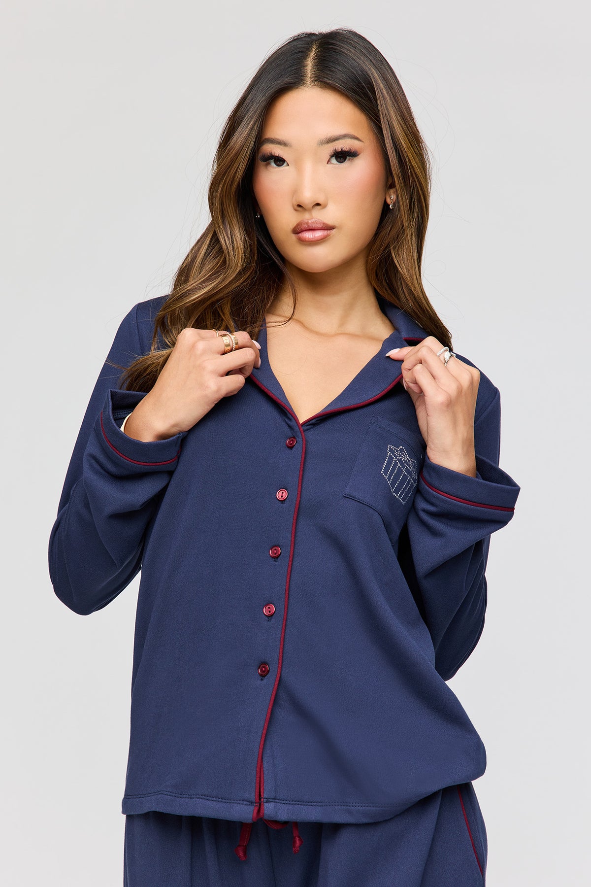 Alt View 2. Button-Up Long Sleeve Top & Pant Pajama Set - Navy
