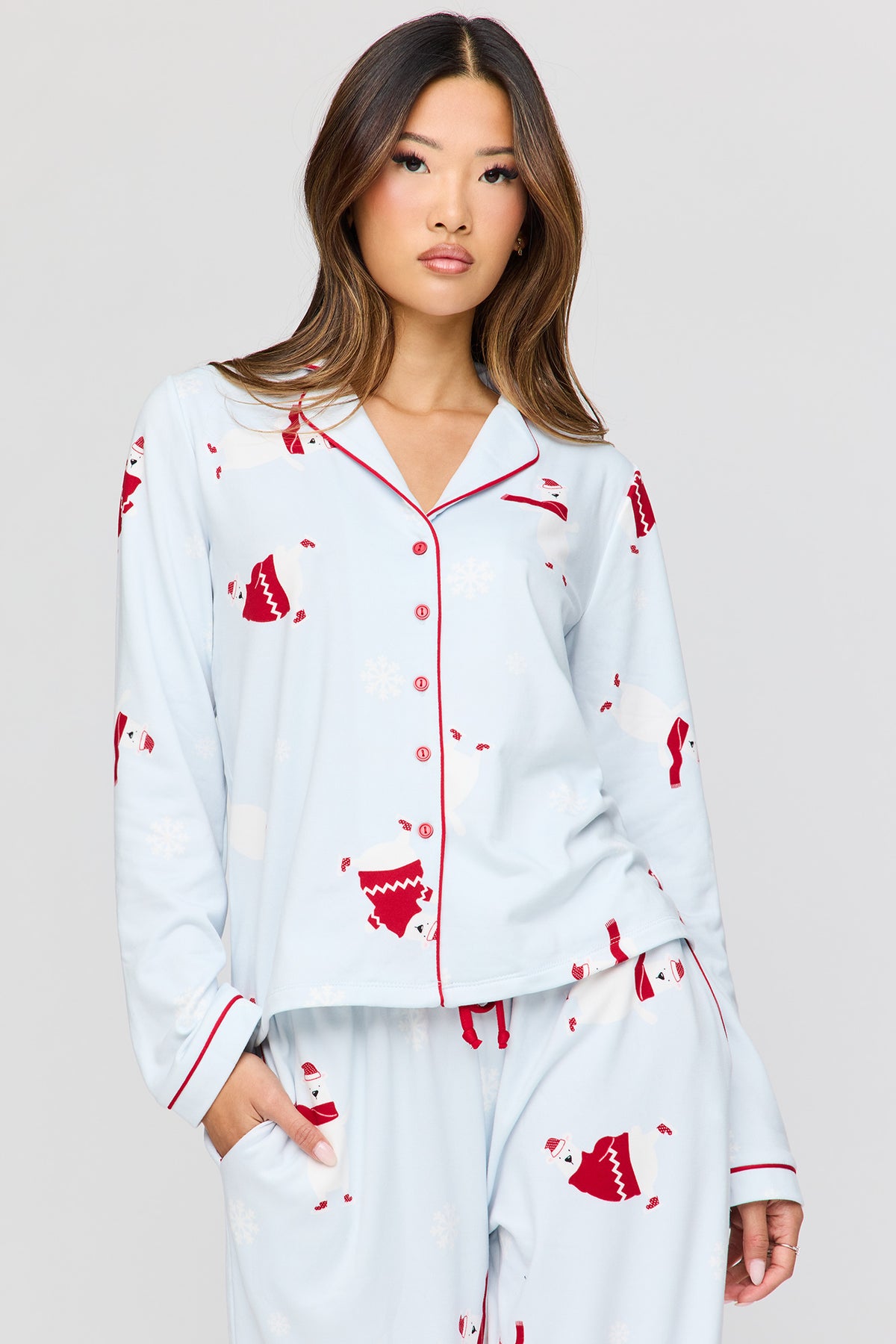 Alt View 2. Button-Up Long Sleeve Top & Pant Pajama Set - Baby Blue
