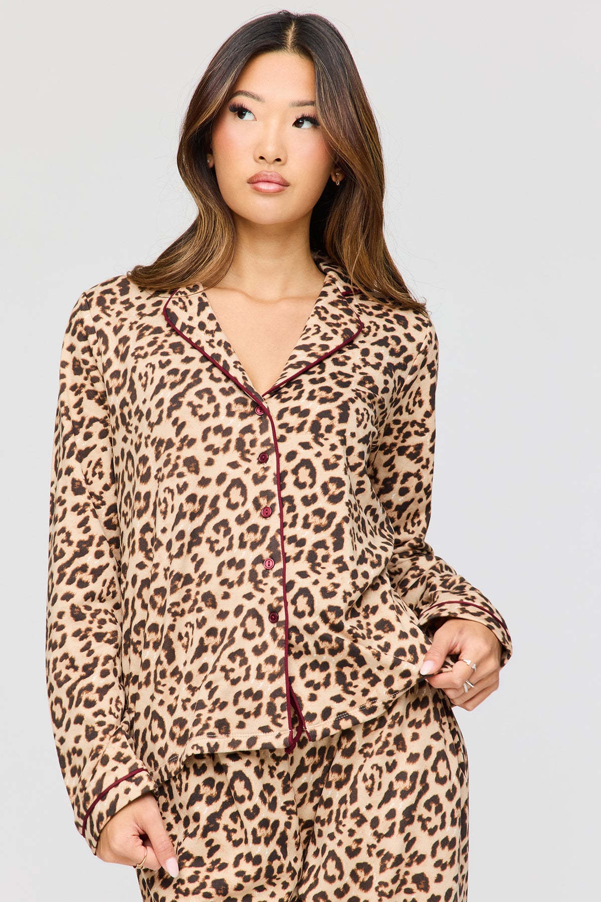 Alt View 2. Button-Up Long Sleeve Top & Pant Pajama Set - Leopard