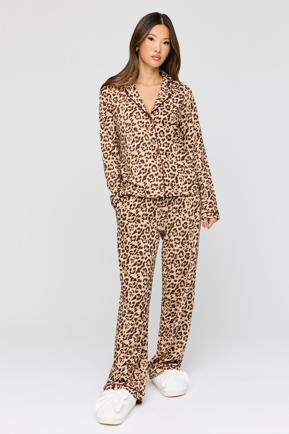 Button-Up Long Sleeve Top & Pant Pajama Set - Leopard