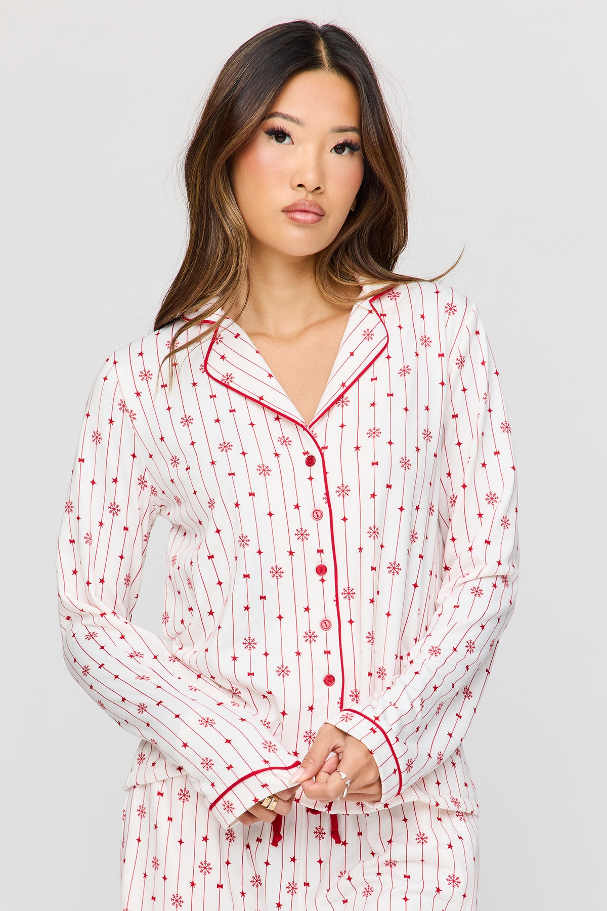 Alt View 2. Button-Up Long Sleeve Top & Pant Pajama Set - Red