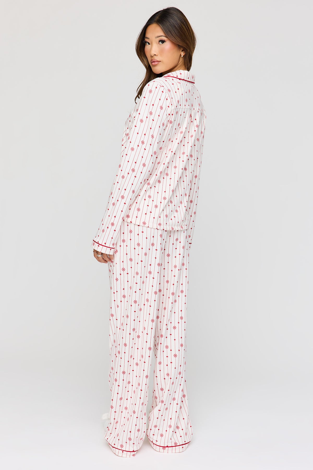 Alt View 4. Button-Up Long Sleeve Top & Pant Pajama Set - Red