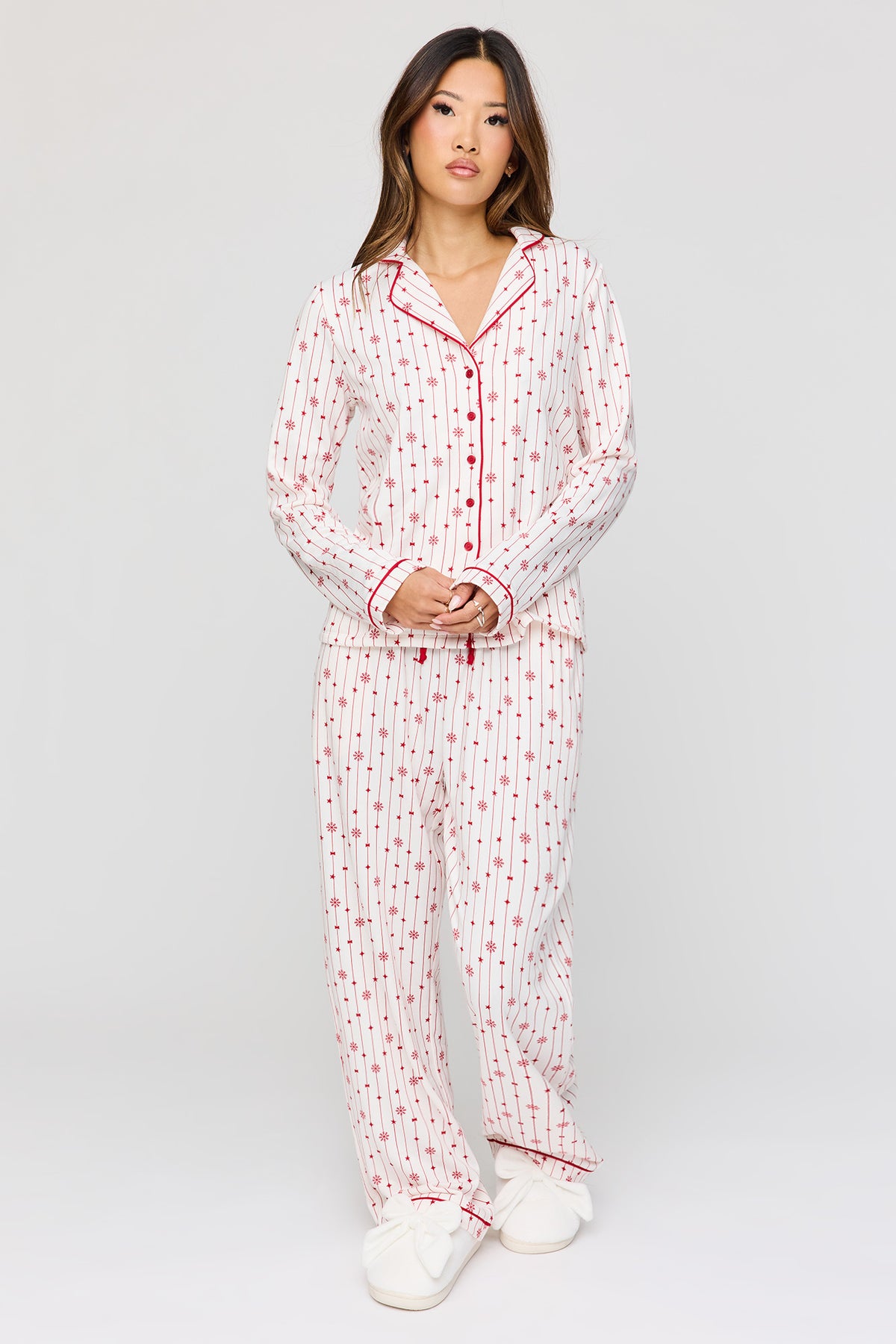 Button-Up Long Sleeve Top & Pant Pajama Set - Red