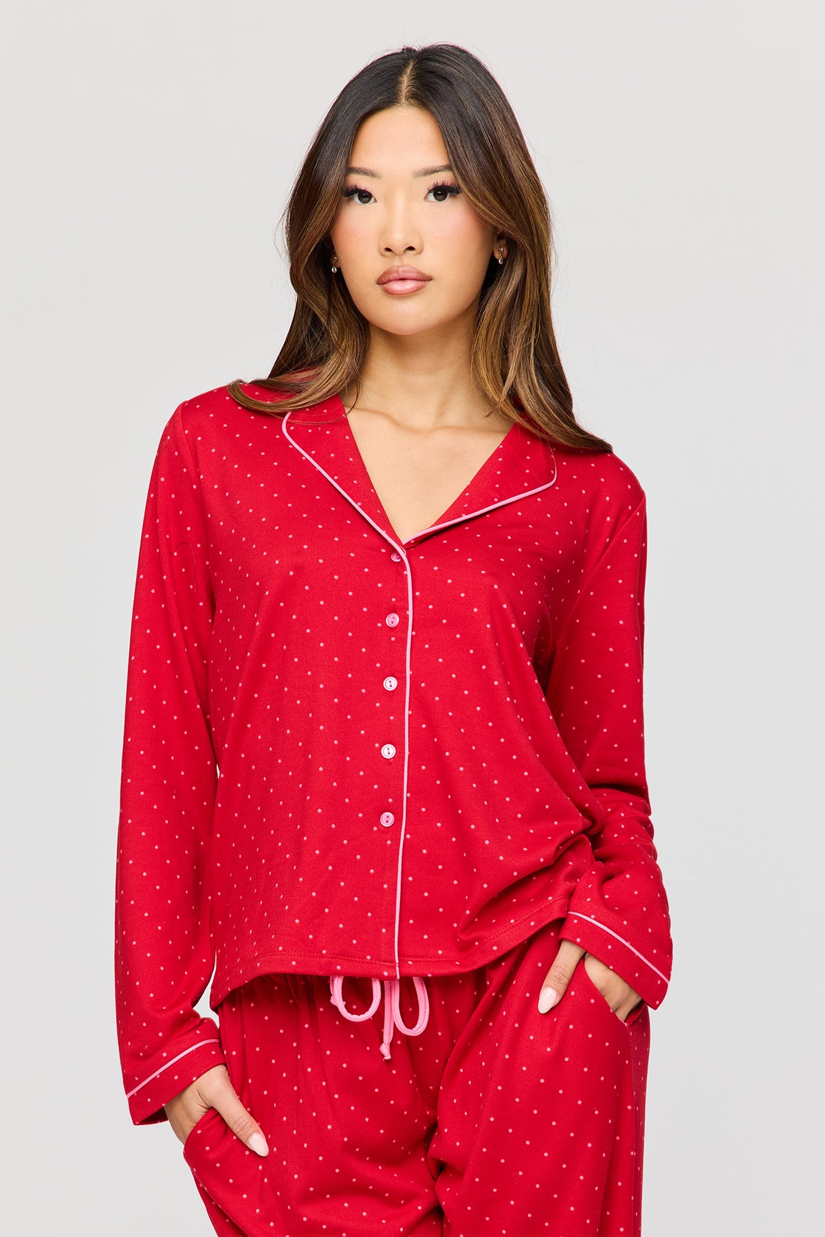 Alt View 2. Button-Up Long Sleeve Top & Pant Pajama Set - Cherry