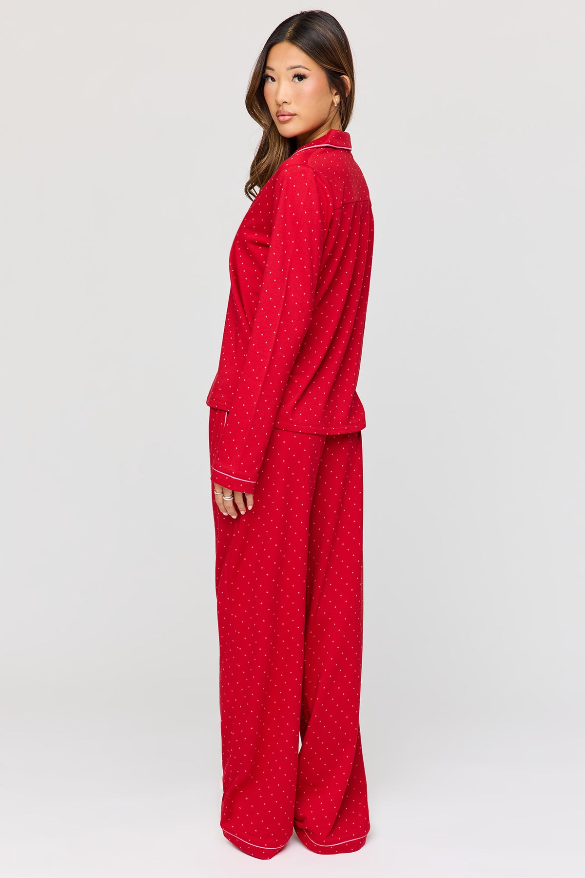 Alt View 4. Button-Up Long Sleeve Top & Pant Pajama Set - Cherry