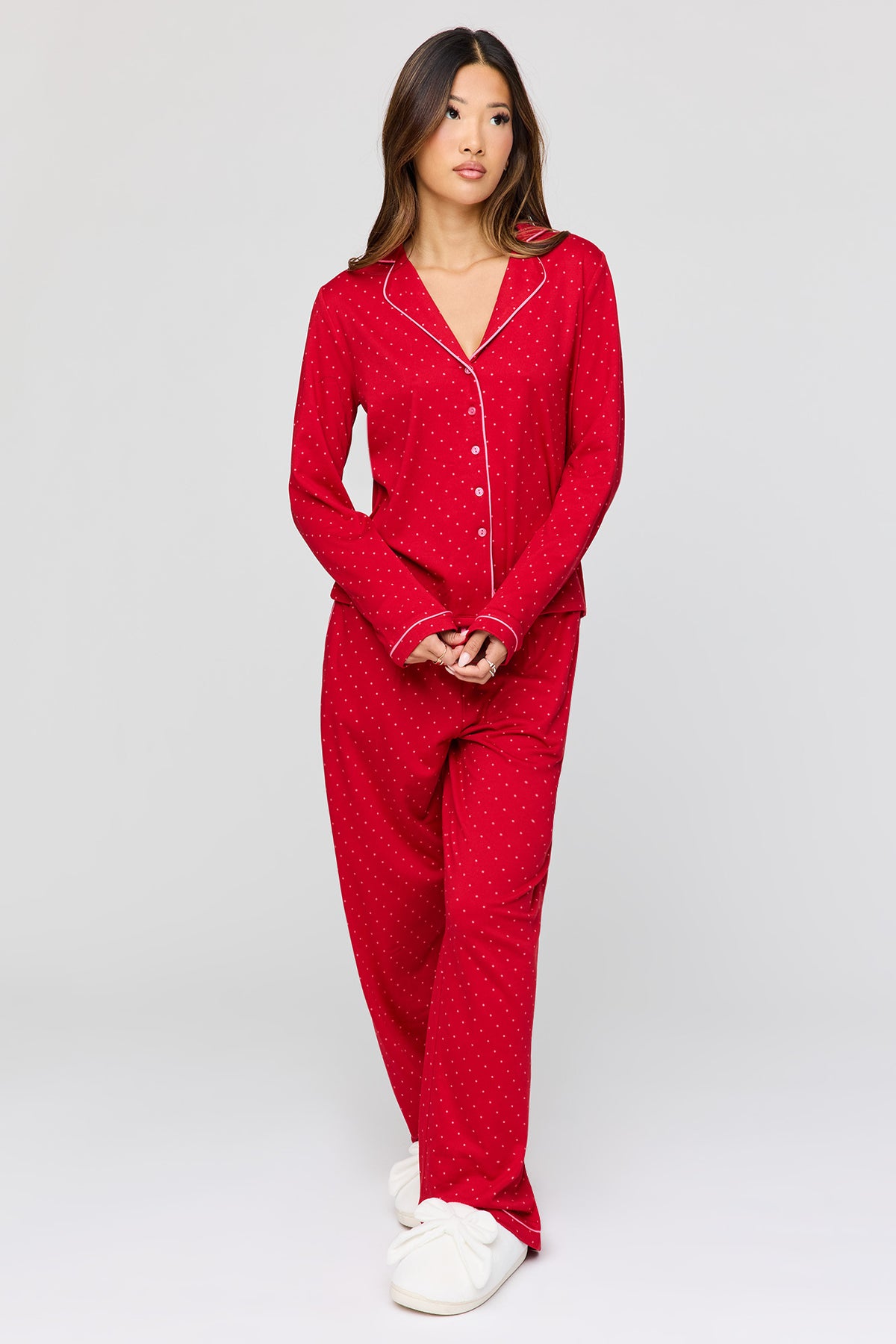 Button-Up Long Sleeve Top & Pant Pajama Set - Cherry