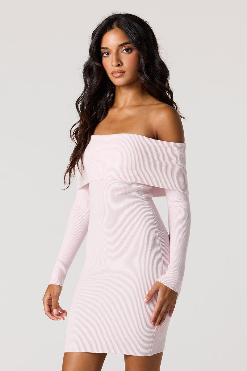Off Shoulder Ribbed Long Sleeve Mini Dress