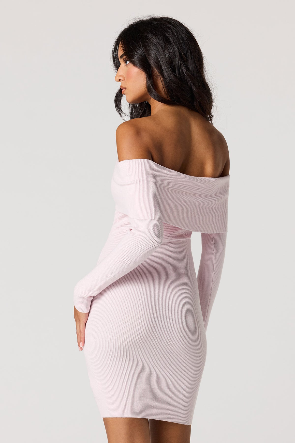 Alt View 2. Off Shoulder Ribbed Long Sleeve Mini Dress - Light Pink