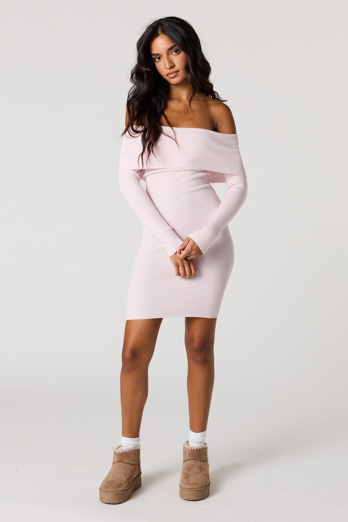 Off Shoulder Ribbed Long Sleeve Mini Dress Urban Planet Off Shoulder Ribbed Long Sleeve Mini Dress Urban Planet