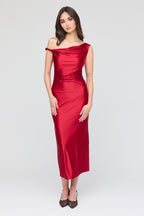 Robe midi asymétrique à épaules dénudées en satin