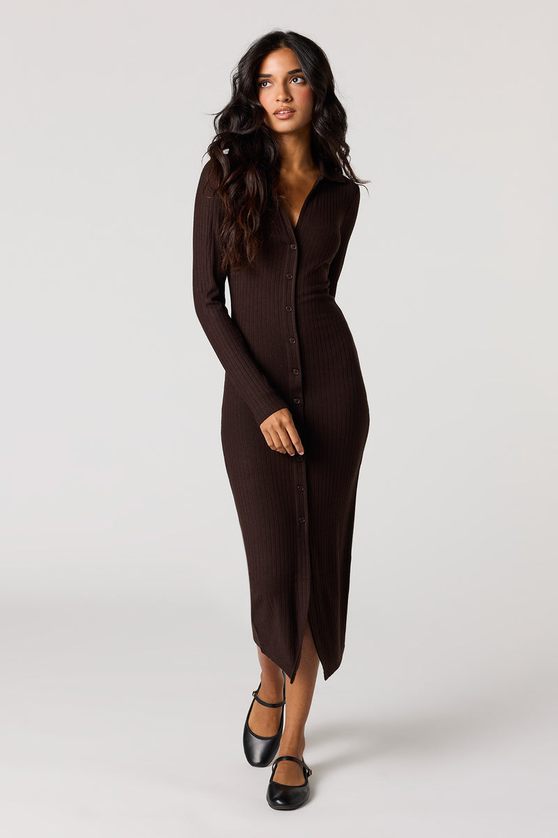 Ribbed Button-Up Collared Midi Dress