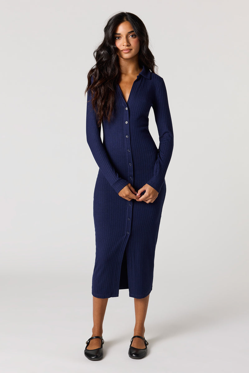 Ribbed Button-Up Collared Midi Dress