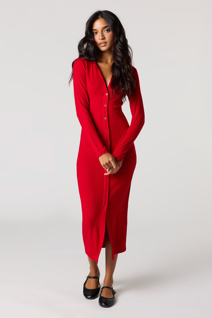 Ribbed Button-Up Collared Midi Dress